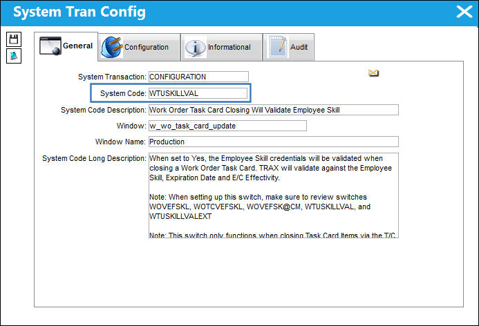 SystemTranConfig(WTUSKILLVAL)