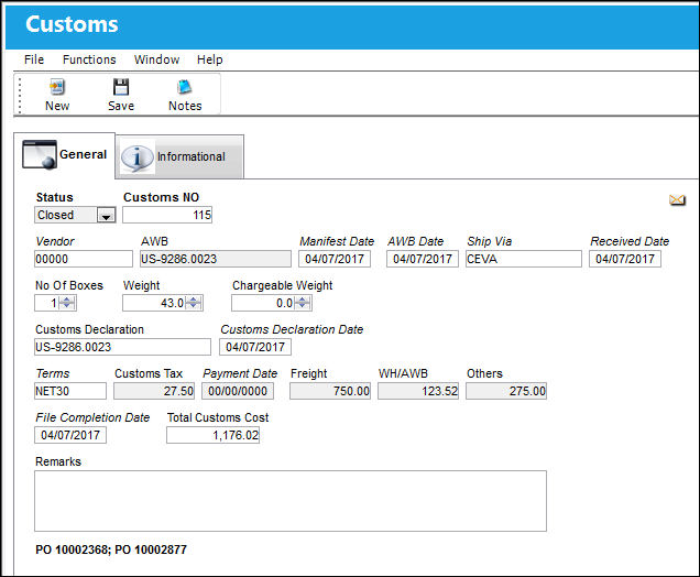 Customs Detail, General Tab(1)