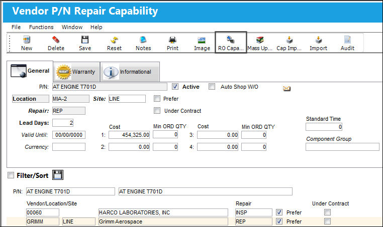 Mass Update, via Vendor PN Repair Capability(1)