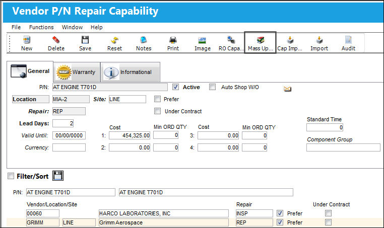 Mass Update, via Vendor PN Repair Capability(3)