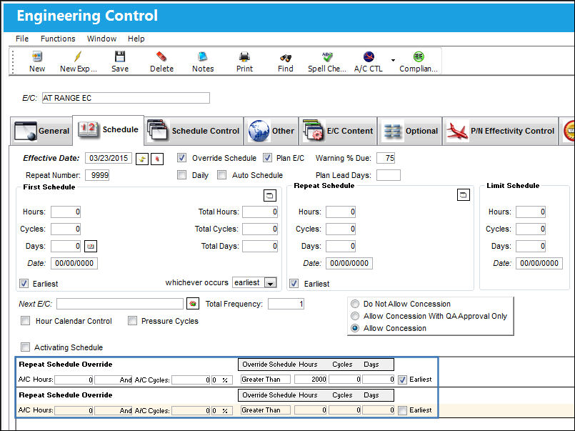 Override Sampling Schedule button, via Engineering Control SChedule Tab (3)