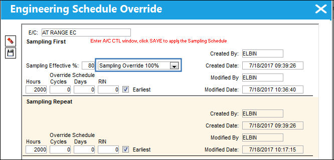 Override Sampling Schedule button, via Engineering Control SChedule Tab (9)