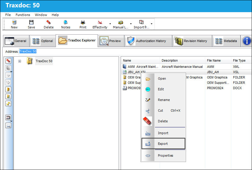 125 - Export Button, via TraxDoc Document Detail, TraxDoc Explorer Tab (1)