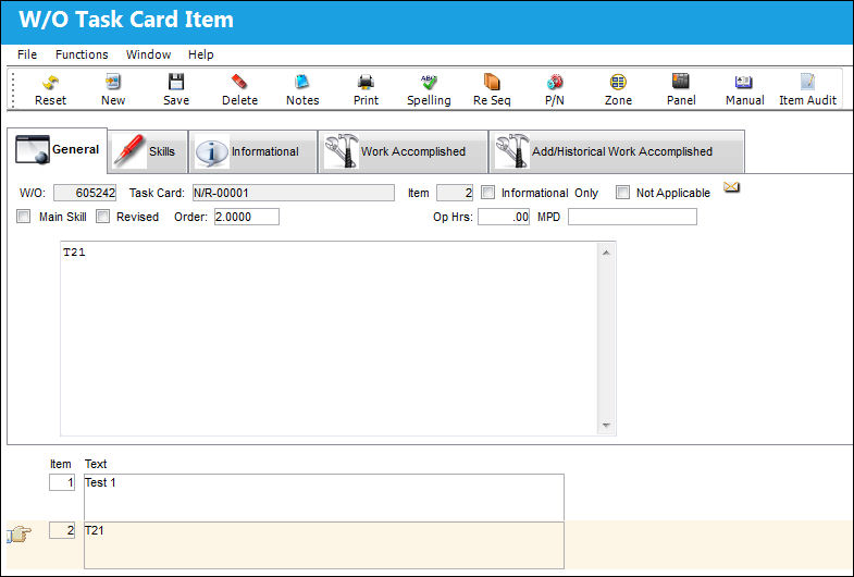 125 Shop WO NR Task Card Item, General Tab (1)