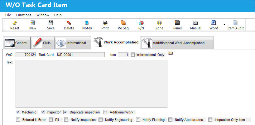 125 Shop WO (NR) Task Card Item, Work Accomplished Tab (1)