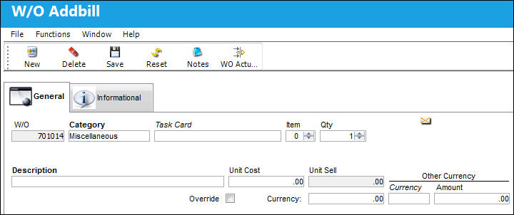 125 Shop WO Addbill, General Tab (2)