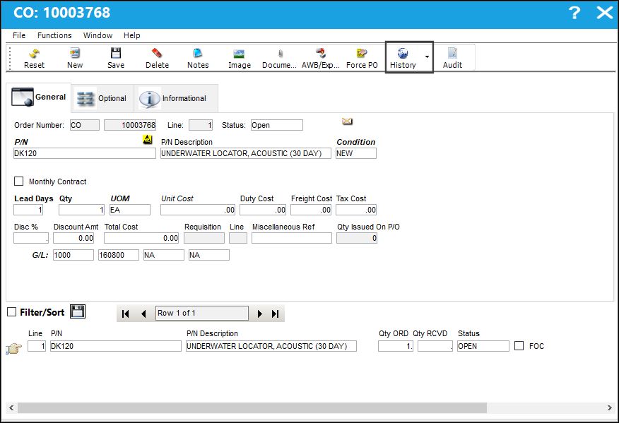 History Button, via Contract Order Detail
