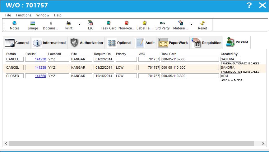 Work Order Detail, Picklist Tab (2)