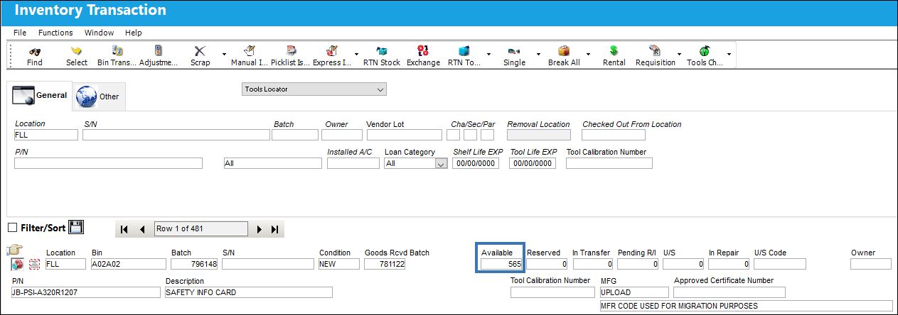Inventory Transaction Screen