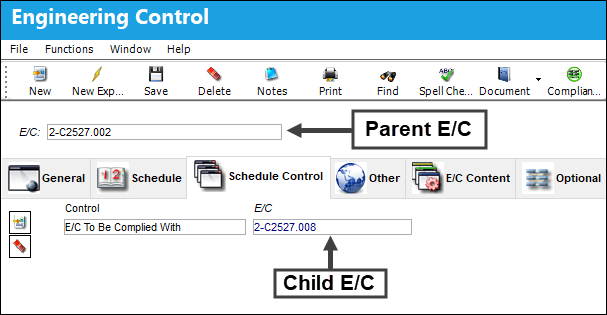 E/C To Be Complied With, via Engineering Control, Schedule Control and Schedule Controlled By Tabs