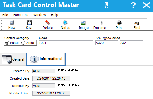 Task Card Control Master, Informational Tab