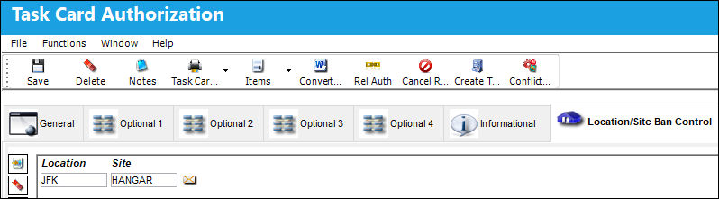 Task Card Authorization, Location Site Ban Control Tab