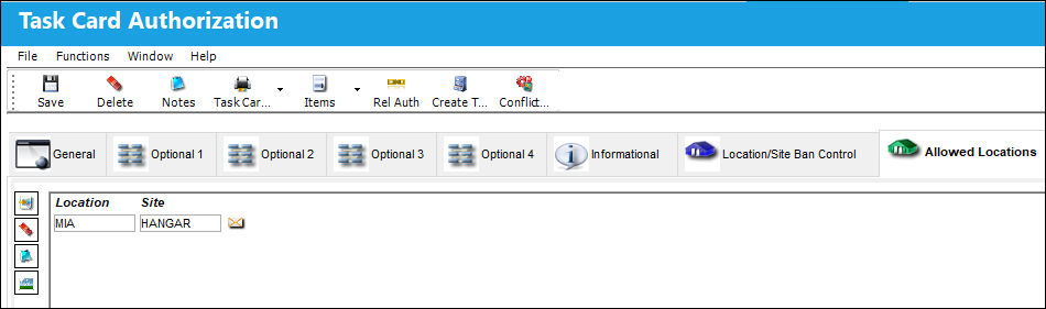 Task Card Authorization, Allowed Locations tab