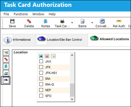 Task Card Authorization, Allowed Locations Tab, Allowed Locations Helper Button