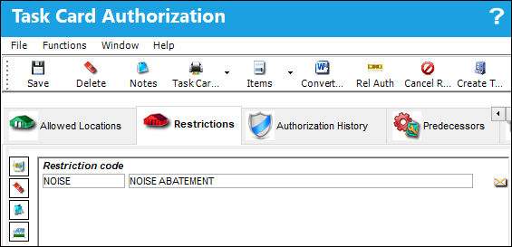 Task Card Authorization, Restrictions Tab