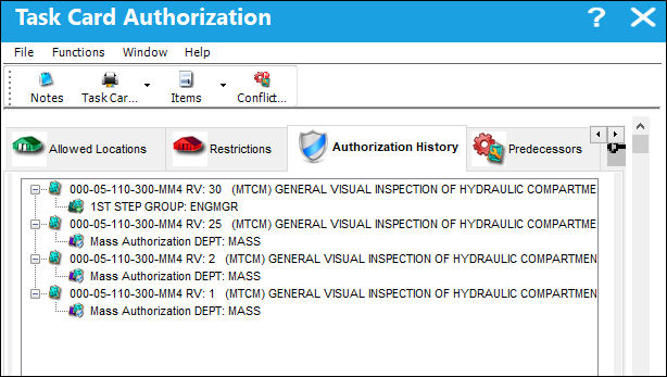 Task Card Authorization, Authorization History Tab