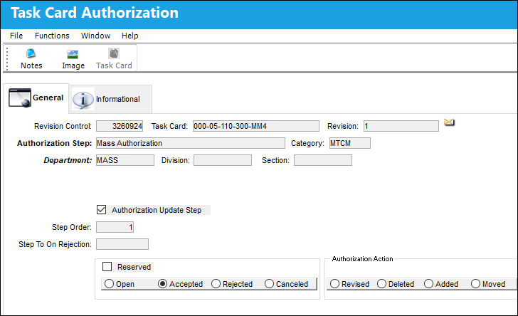 Task Card Authorization, Authorization History tab, detailed view of step