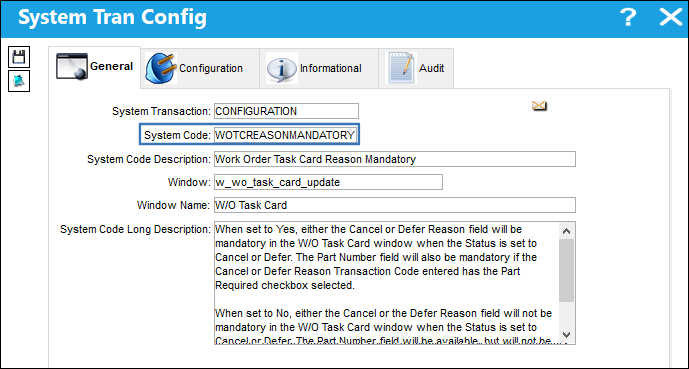 WOTCREASONMANDATORY System Trans Config
