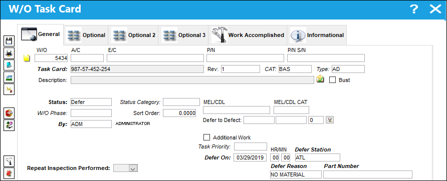 WOTCREASONMANDATORY Defer Part Number Field