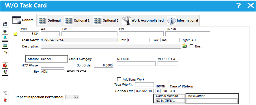 WOTCREASONMANDATORY NO Part Number Field