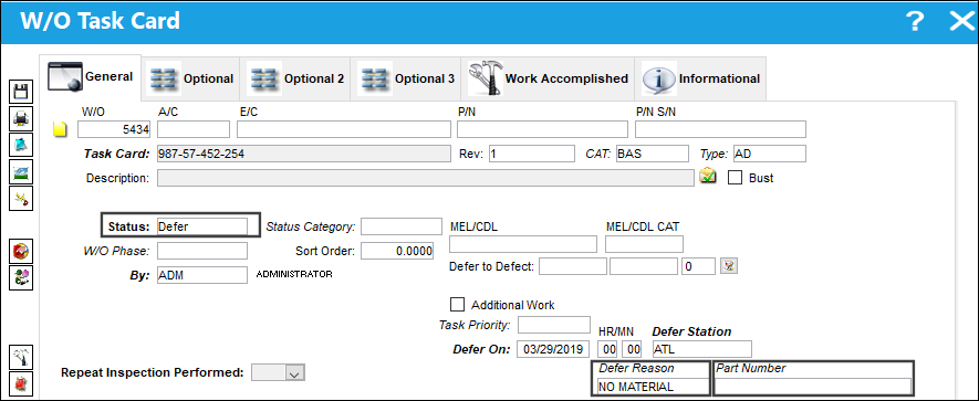 WOTCREASONMANDATORY NO Defer Part Number