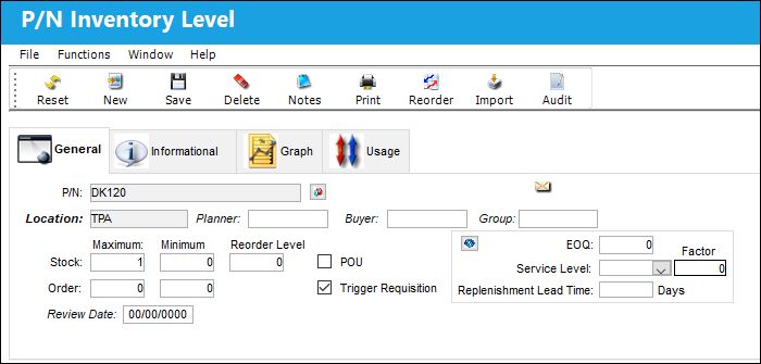 PN Inventory Level, General Tab