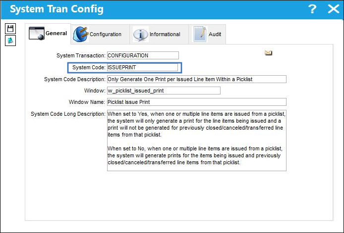 ISSUEPRINT System Tran Config