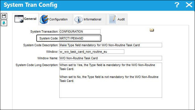 NRTCTYPEMAND System Tran Config