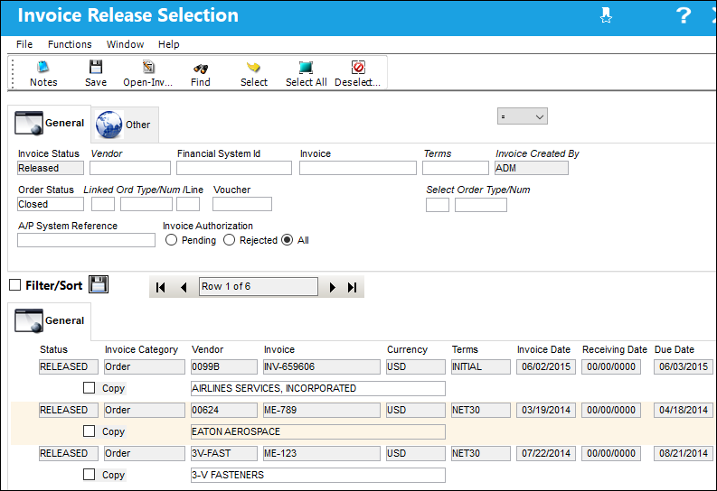 Invoice Release Selection, General Tab (1)