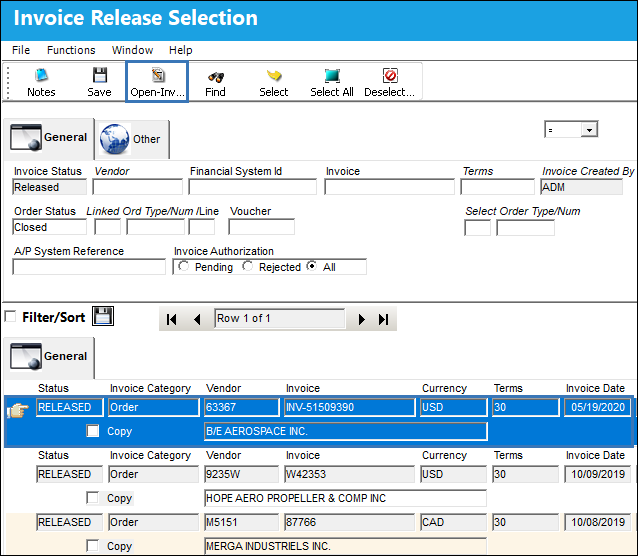 Invoice Release Selection, General Tab (2)