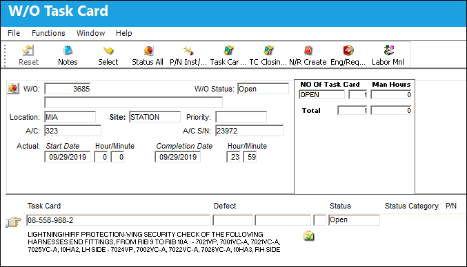 Work Order Task Card Window