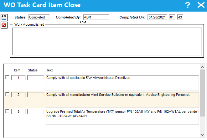Work Order Task Card WO Task Card Item Close