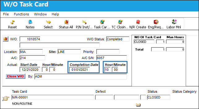 WO Task Card WOAUDITM=Y WOHRSBLANK=N