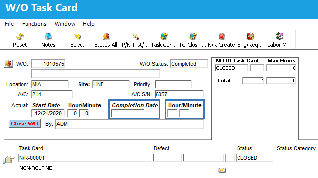 WO Task Card WOAUDITM=Y WOHRSBLANK=Y