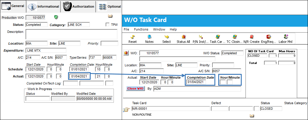 WO Task Card WOAUDITM=Y Config Other=ACTIVE WOHRSBLANK=Y