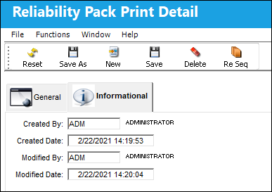 Reliability Pack Print Detail, Info Tab