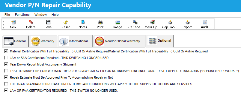Vendor PN Rapair Capability-Optinal tab