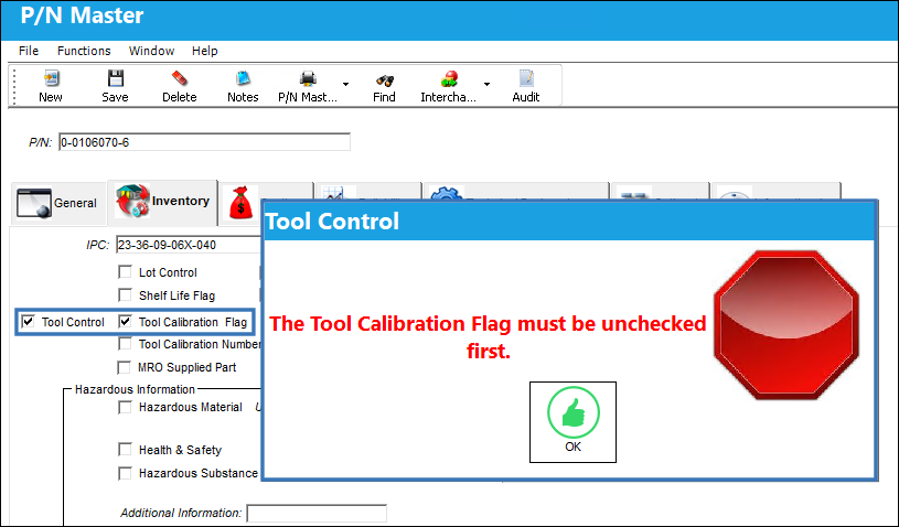Tool Control Checkbox hard warning