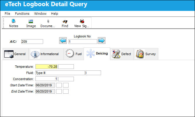 eTech Logbook Detail Query Deicing tab