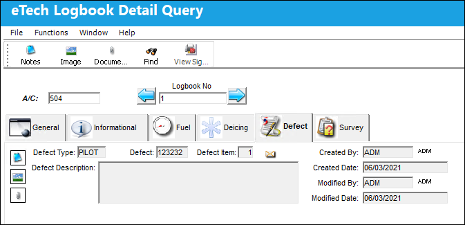 eTech Logbook Detail Query Defect Tab