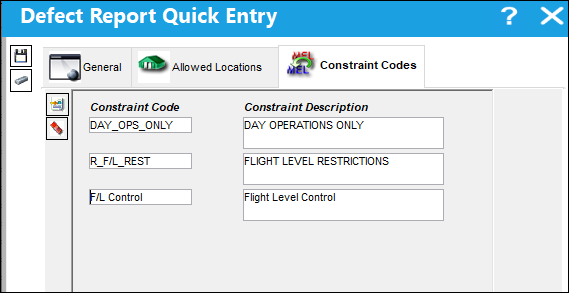quick entry constraint codes tab