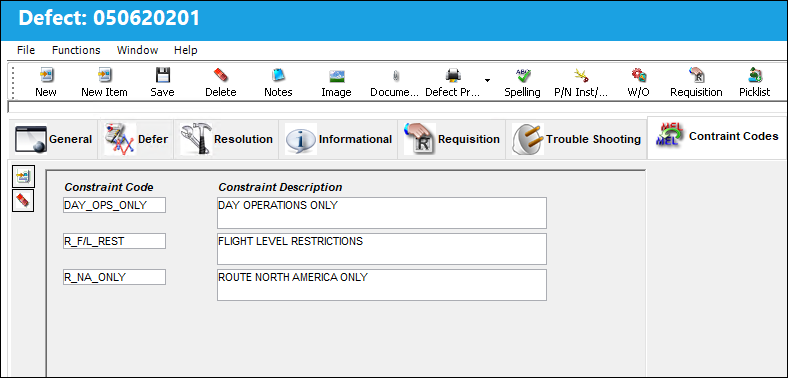 defect report detail constraint codes tab