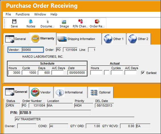 PO Receiving Warranty