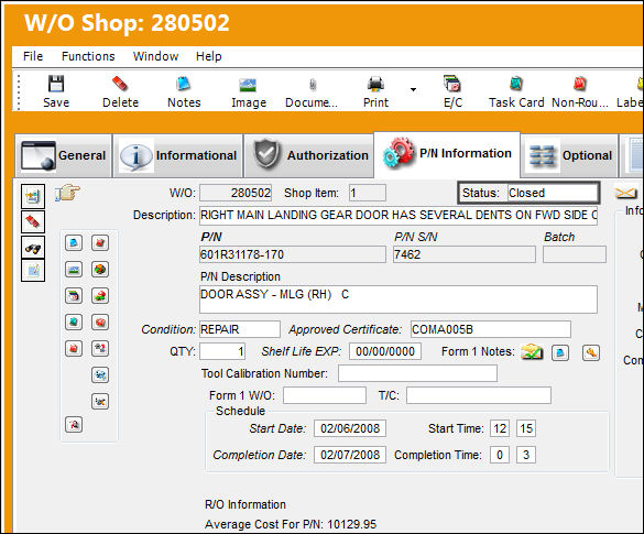 Shop_WO Shop_PN Information tab_ status